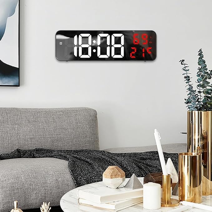 Digital Wall Clock, Large Led Mirror Digital Wall Clock with Temperature and Date Display 9.06" Plug-in Version Alarm Clock Battery Powered for Home Office Living Room Decor