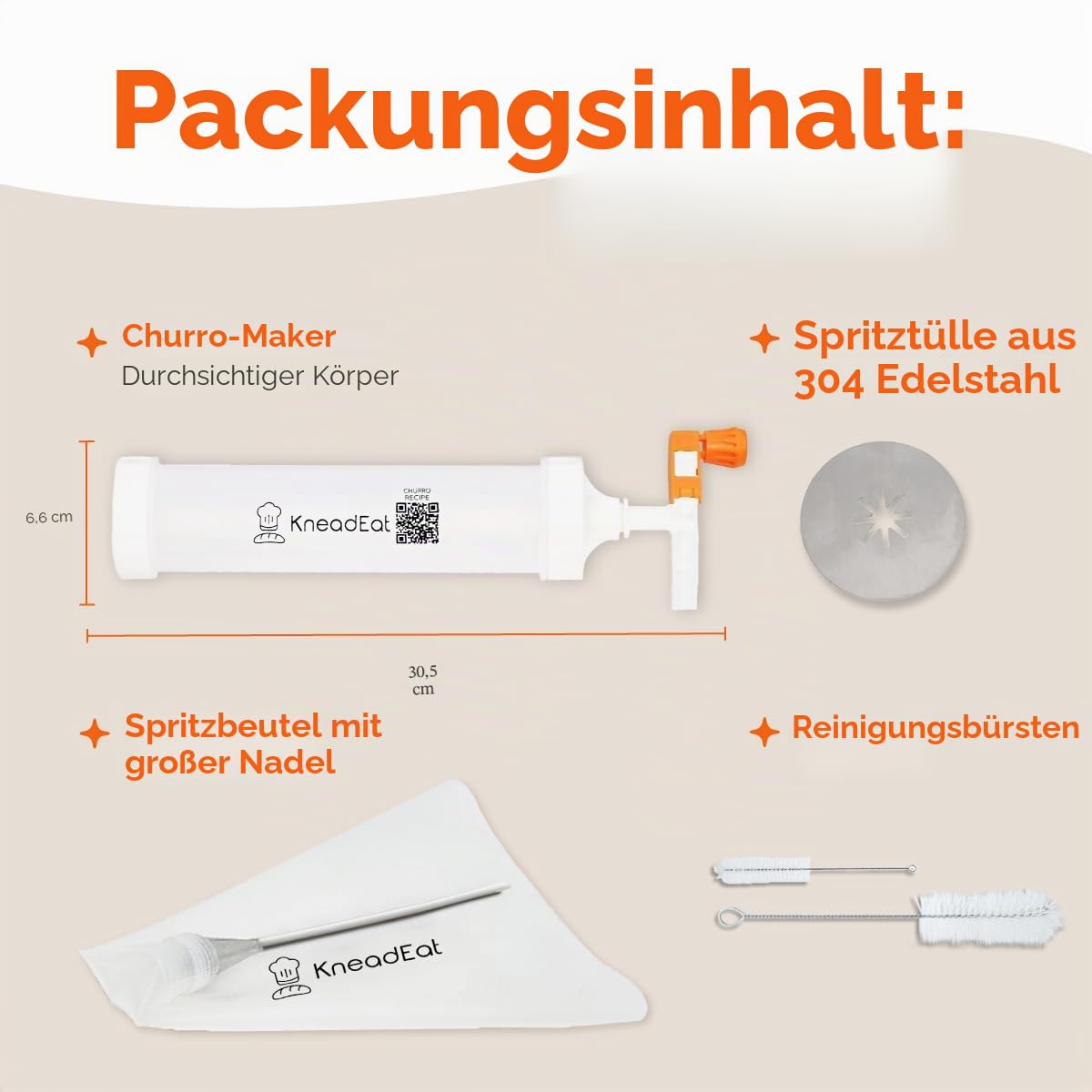 KneadEat Churro Maker Kit Mit Booster-Betriebenem Griff Churrera Und Spritzbeutel Churros Füller Einfacher QR-Rezept Zum Zubereiten Befüllen Eigener Zu Hause - Kneadeat Cookie Press