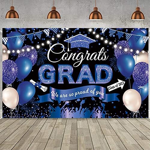 2023 Blue Graduation Party Backdrop Congrats Grad Party Backdrop Congrats Party Banner Decorations for High School Blue Congrats Graduation Party Supplies Graduation Party Photo Booth Background