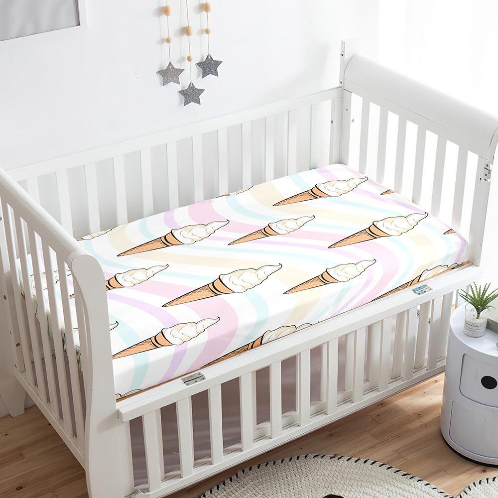 Odot Cot Bed Sheets, Ice Cream Print Bedside Cribs Fitted Sheets, Baby Bed Sheets Microfiber Cot Bed Mattress Protector, Bassinet Sheets, Easy Care Soft and Dureable (Wave,80x160 cm)