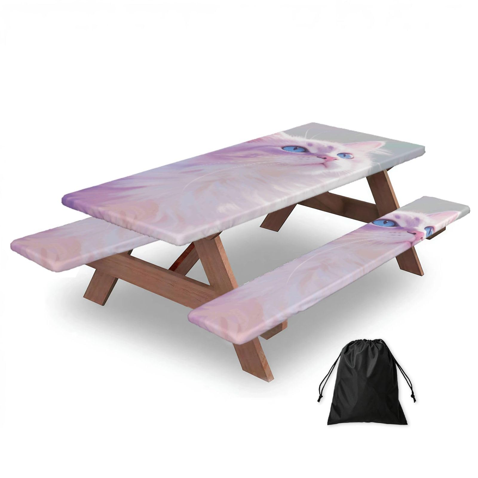 FekiLoot Cat Picnic Table Cover with Bench Covers and Bag, Windproof Waterproof Rectangle Tablecloth with Elastic Edges Fitted Camping Table Covers Portable Camping Accessories