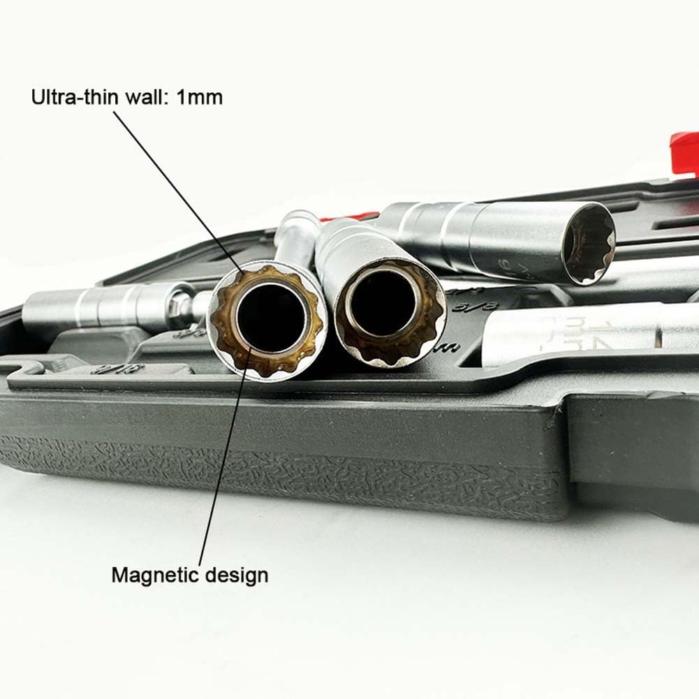 Lecreatekit 5-teiliges drehbares Zündschlüssel-Set, magnetische dünnwandige Verlängerungsschlüssel für Automobil, Motorrad, Chrom-Vanadium-Stahl, 14 mm, 9/16 5/8
