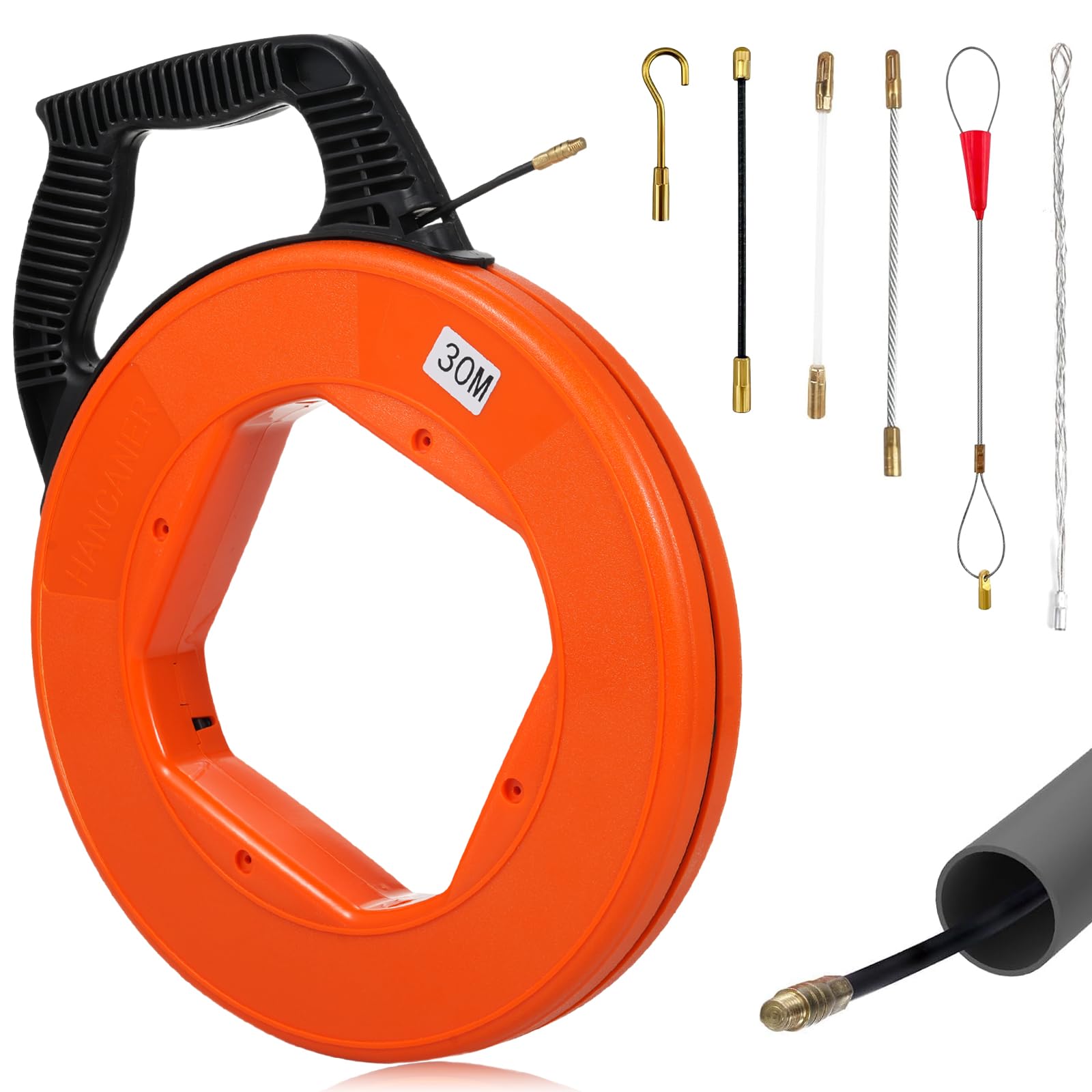 Aiguille Electricien 30M, 4mm Tire Fils Electrique, Avec 6 Adaptateurs pour Aiguille Tire Fil, Tire Cable Avec Boîtier en Plastique et Poignée pour Travaux électriques, Résistant à la Flexion