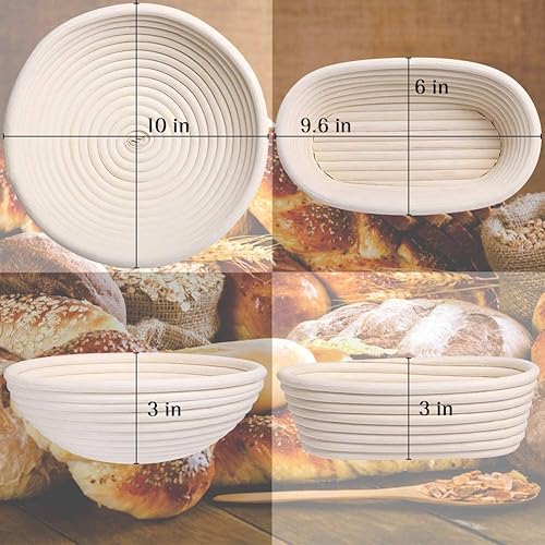 Bread Proofing Basket Set 9.6 Inch Oval & 10 Inch Round Banneton Proofing Baskets Top Grade Rattan Bowl with Bread Lame Dough Scraper Proofing Cloth