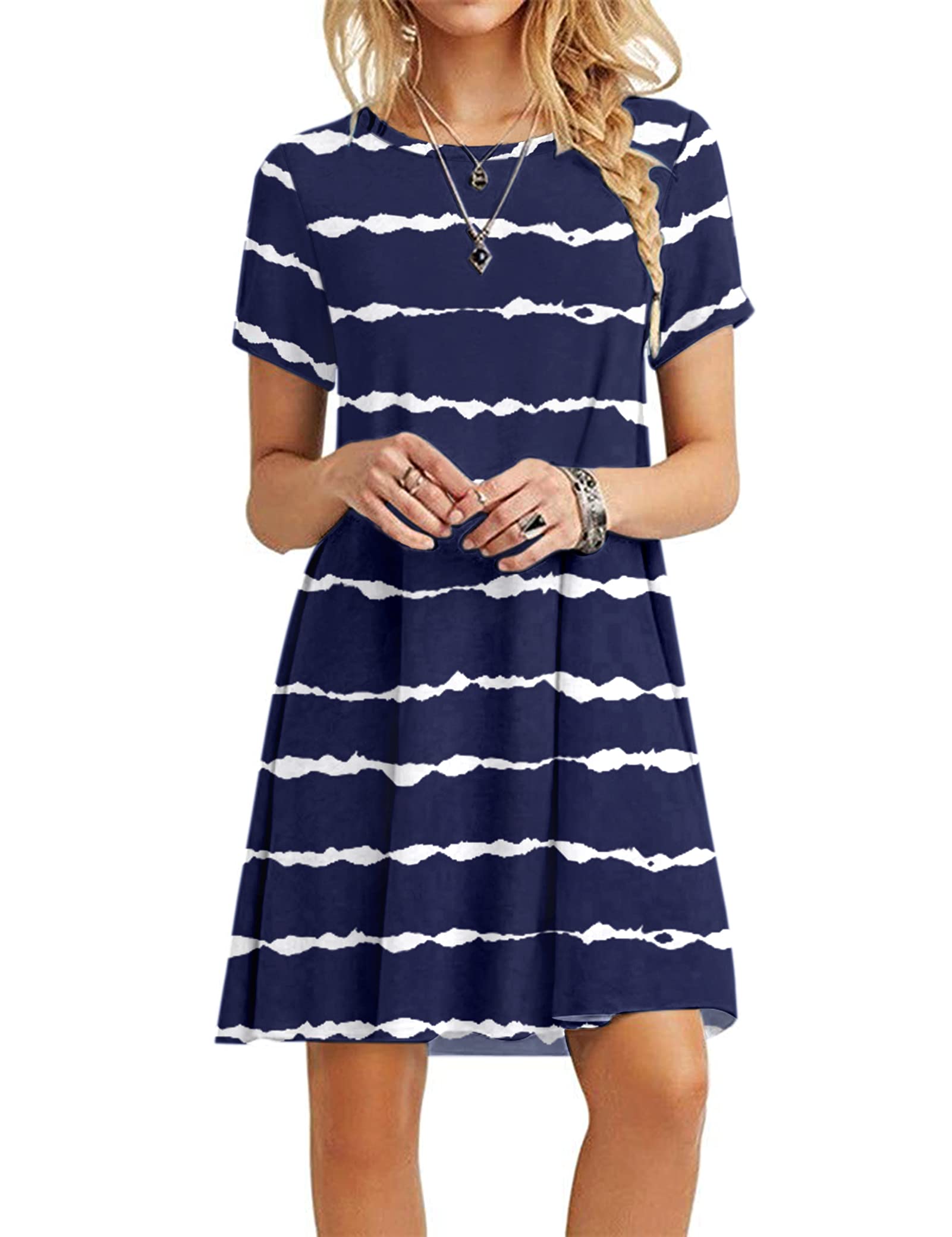 MOLERANI Beach Dresses for Women UK Casual T-Shirt Dress Short Sleeve Ladies Beach Dress (XL, Navy Wavy Striped)