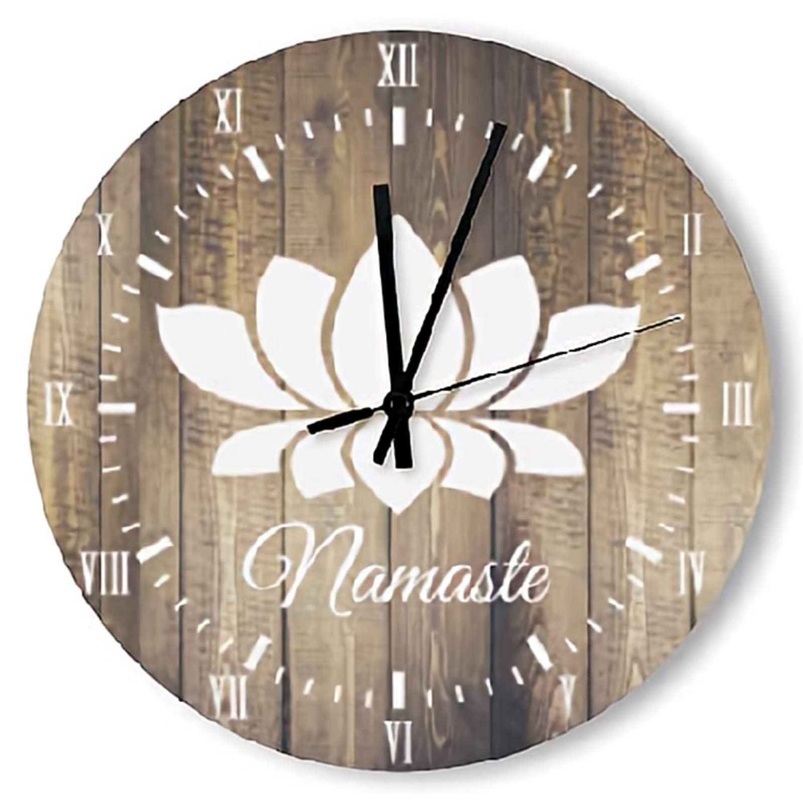 ArogGeld Namaste Flower Wall Clock Wood Planks Yoga Clocks Wall Decor 15 Inch Battery Operated Decorative Wall Clock Silent Round Wood Wall Clock Hanging Clocks for Bedroom Decor Living Room Clock