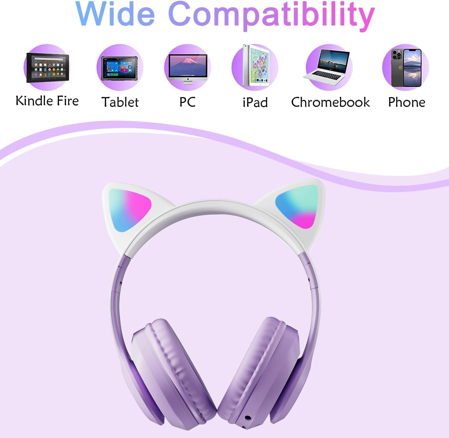 CAT YOWU Wireless Headphones with Microphone, Over-Ear Bluetooth Cat Ear Headphones for Kids and Teens (Purple) 4