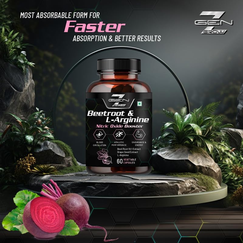 GenZ grow Beetroot and L-Arginine Capsules, Helps Support Nitric Oxide Production, Blood Pressure, Heart Health, Contains Non-GMO Beetroot Powder, Grape Seed Extract (60 Caps, Pack of 1) 2