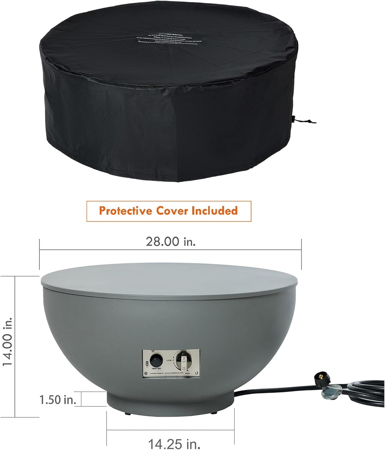 28-Inch Fire Table, 58,000 BTU Outdoor Propane Fire Pit, Patio Round Fire Bowl Gas Firepit with Lid, Lava Rocks, Cover, Pre-Attached 10 ft Propane Hose, Gray