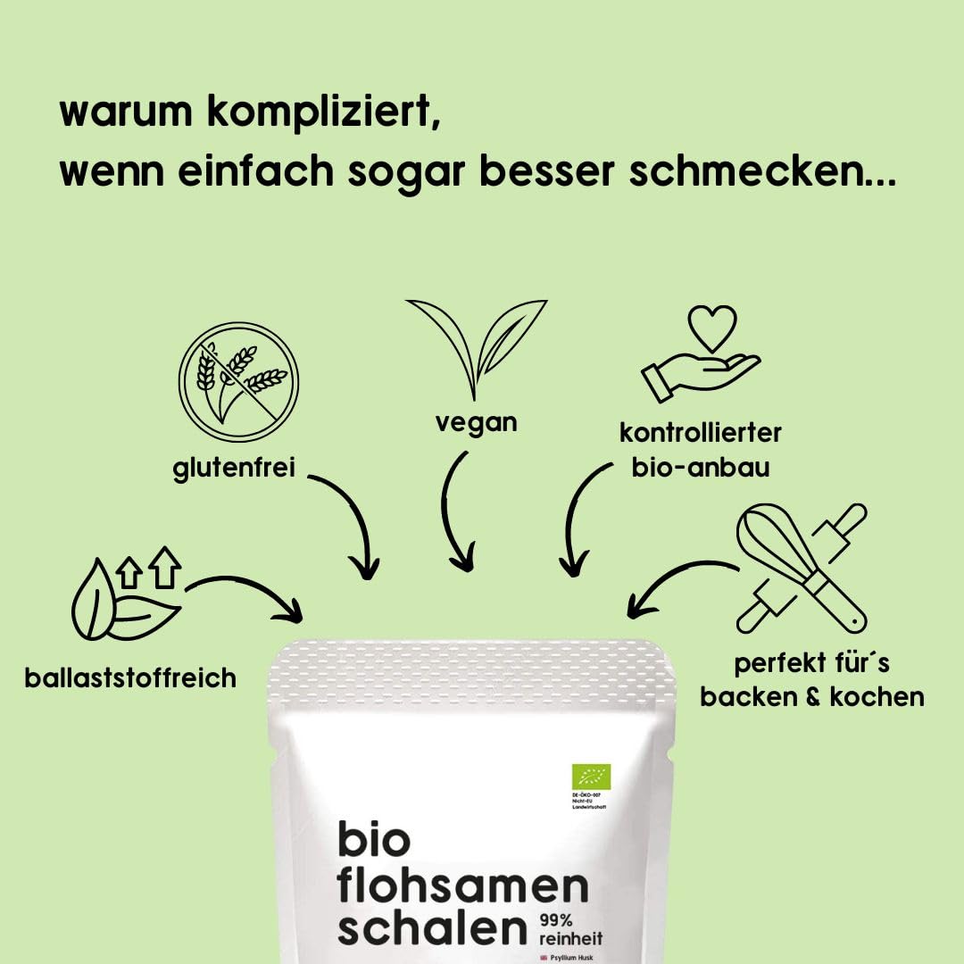 Bio Psyllium Husks 99% pureté, Qualité supérieure, faible teneur en glucides, sans gluten, vegan, riche en fibres, Superfood, Biologique, 500g sac