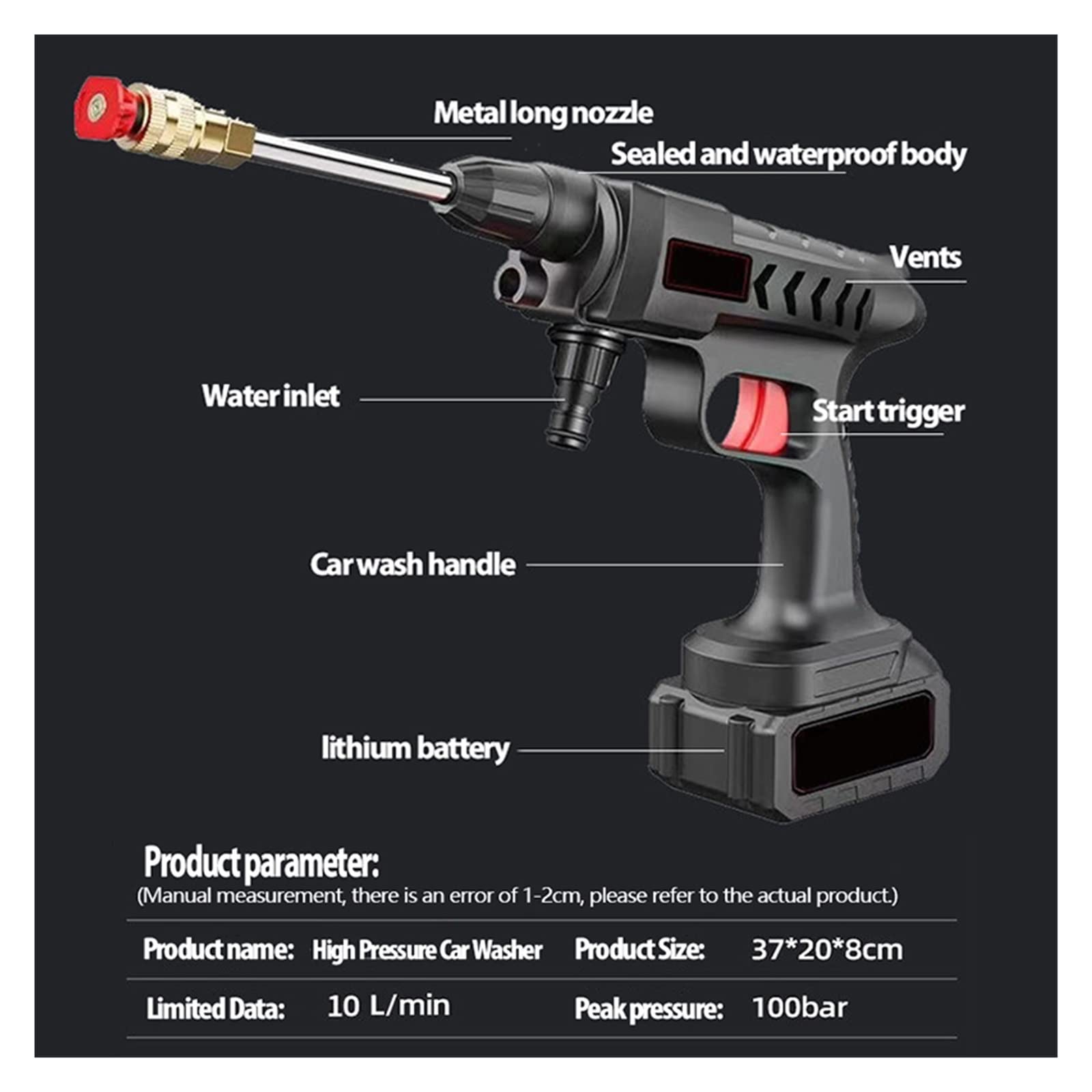 Boquilla De Pulverización Inalámbrica For Lavadoras Coches, Pistola Limpiadora Alta Presión, 20000mAh, 60bar, 6-10M, Máquinas Lavado A Chorro con Batería Litio Limpieza Potente