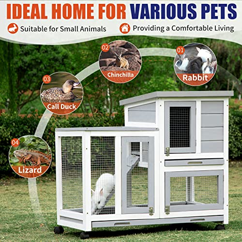 Rabbit Hutch, Indoor Rabbit Cage Two Story Bunny Hutch With Wheels Guinea Pig Cages With Removable No Leaking Tray, Ramp, Outdoor Pet House For Small Animals #TOP1
