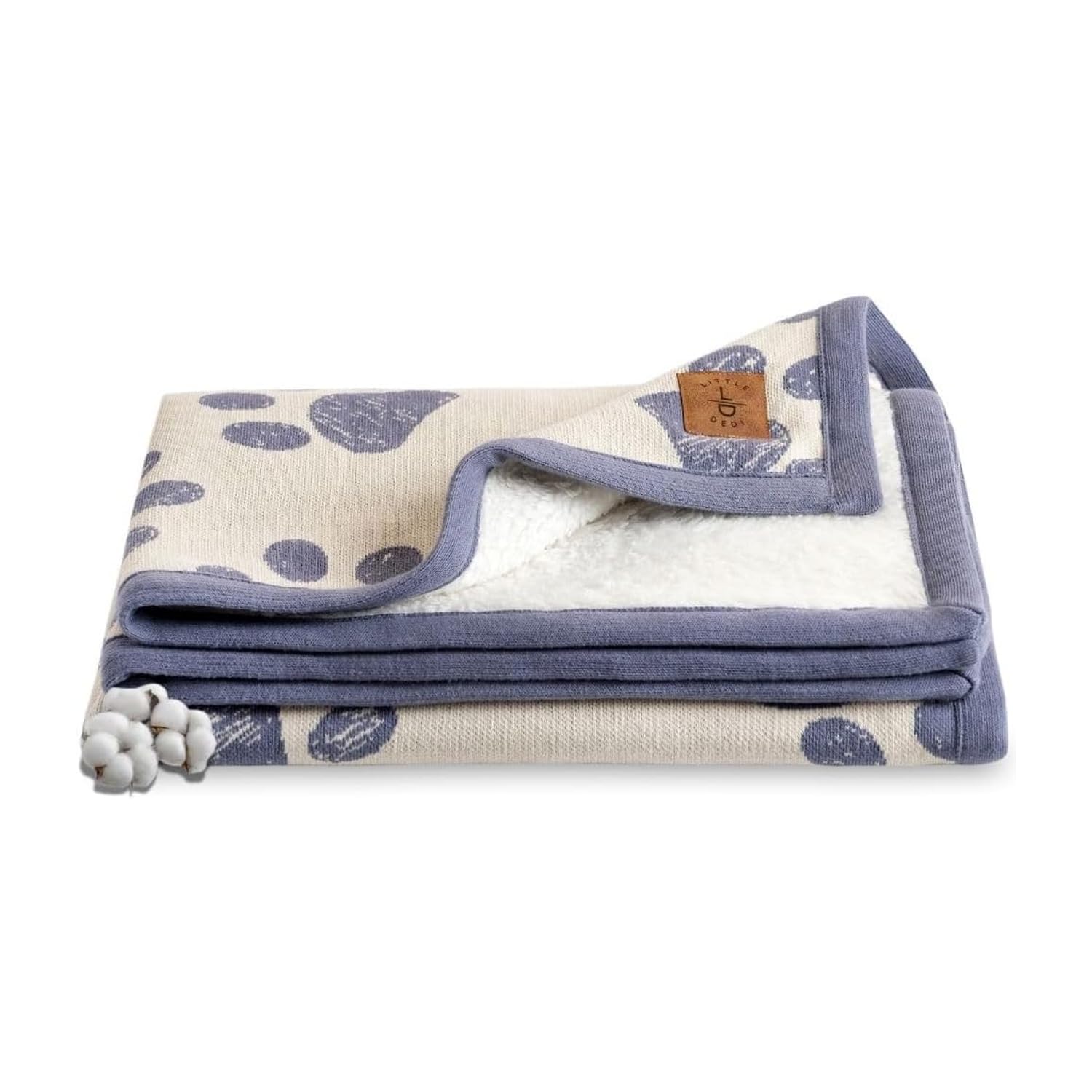 Little Dedi Small Pet Blanket - 100% Organic Cotton, Double Layer Plush Sherpa, Soft Plush, Blue Paw Jacquard Knit, 30"x38", Small Dog Blanket, Ideal