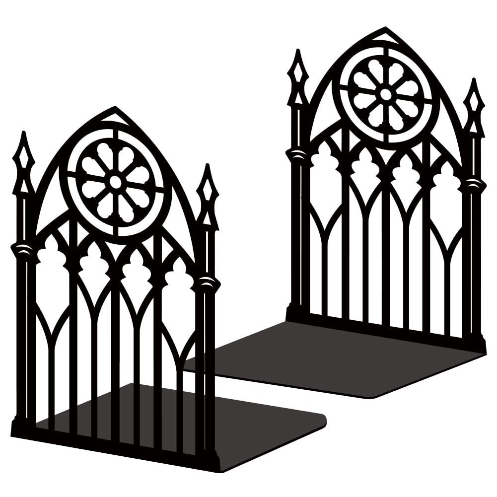 BEUNITONE Gothic Arch Window Bookends, 2-Pack Metal Book Ends for Shelving, Vintage Medieval Style Decor with Non-Slip Pads, Fantasy Gift