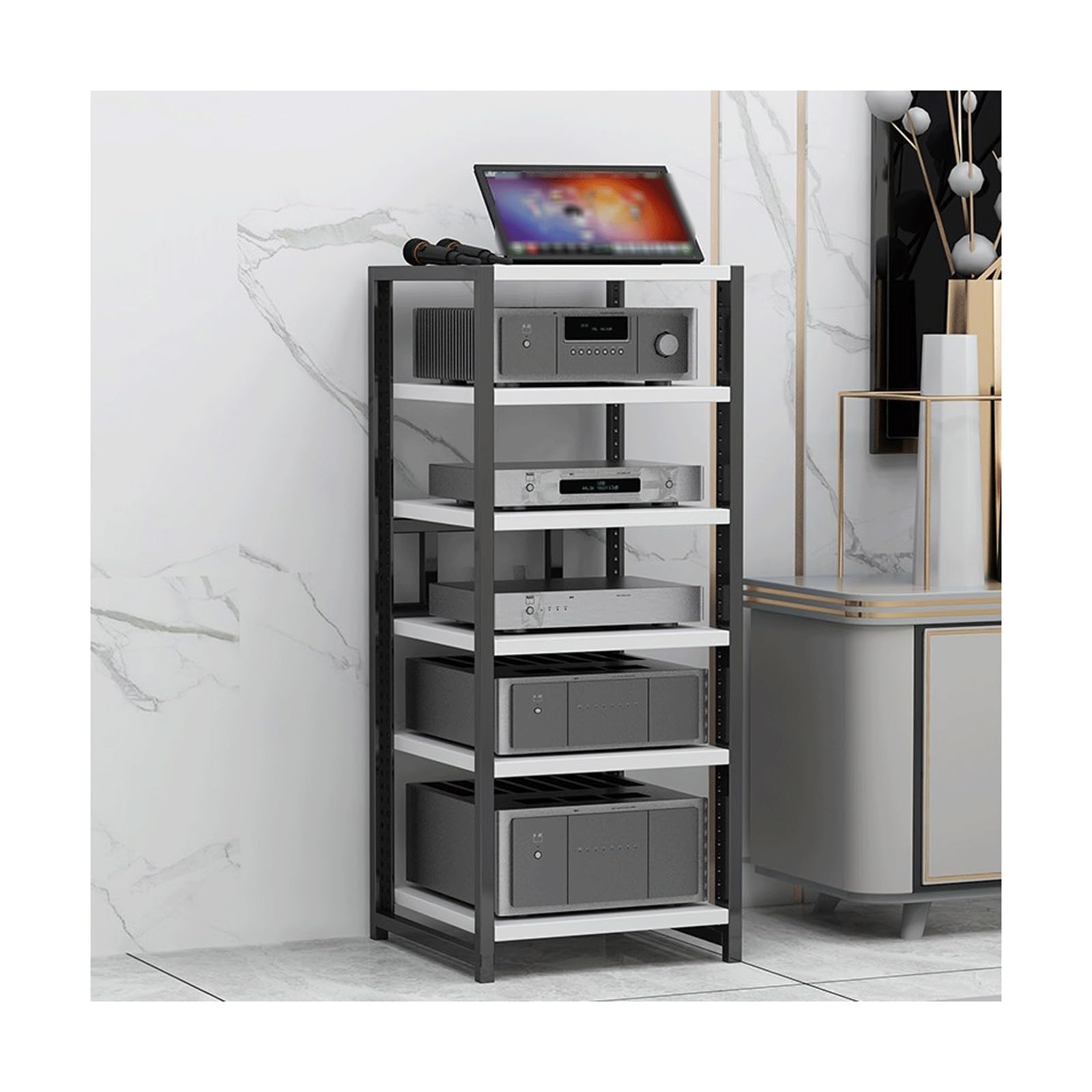 Stojak Av Media Stand Stereo Komponenty Szafka Drewniany odtwarzacz płyt stojak z regulowanymi półkami nowoczesny stojak stojak audio wieża na konsolę do gier salon, biały - 6 poziomów