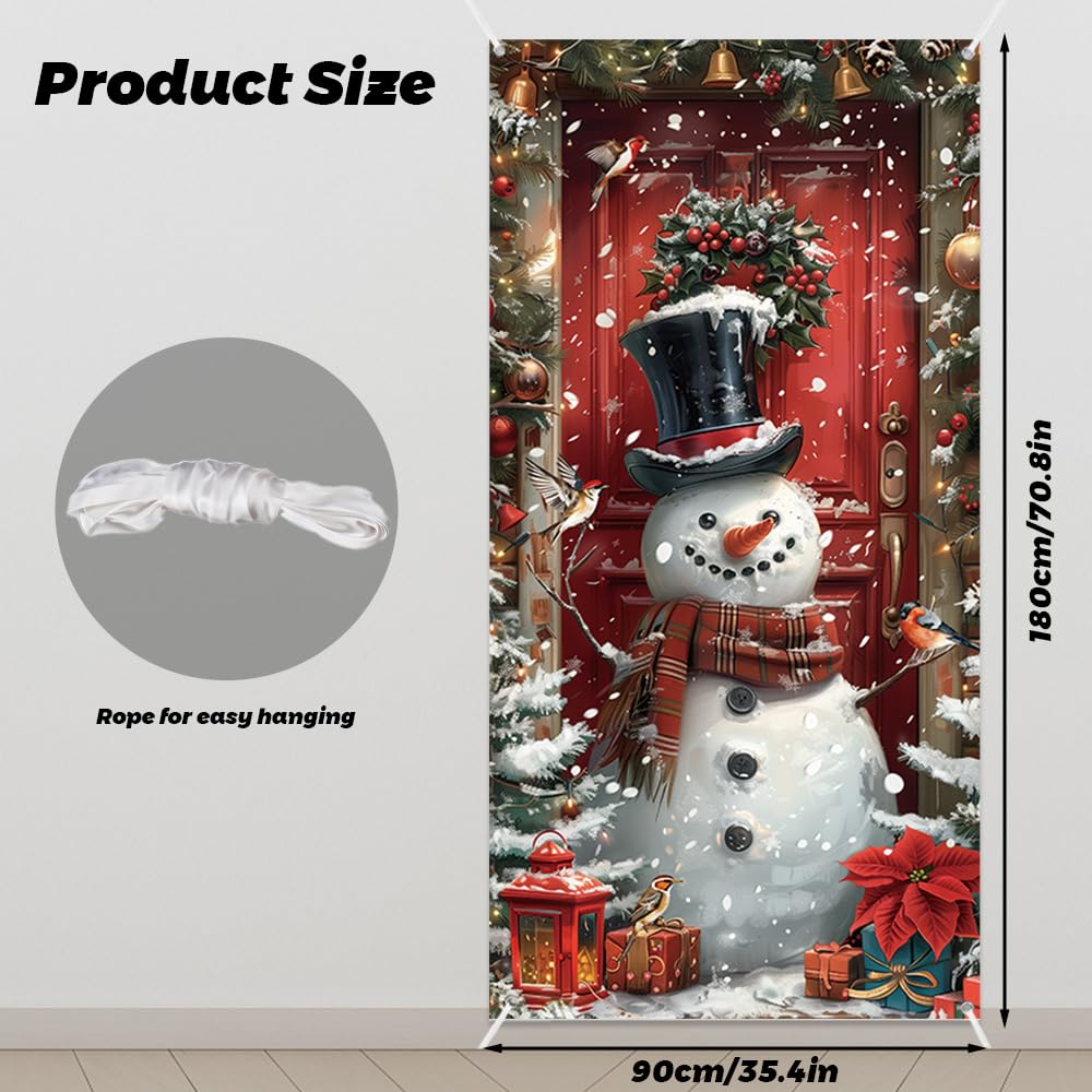 MEHOFOND 2.95x6ft Christmas Xmas Door Decorations Banner Winter Snowman Decorations Front Door Banner Merry Christmas Family Party Photo Background Cover Outside Indoor Porch Props - Image 3
