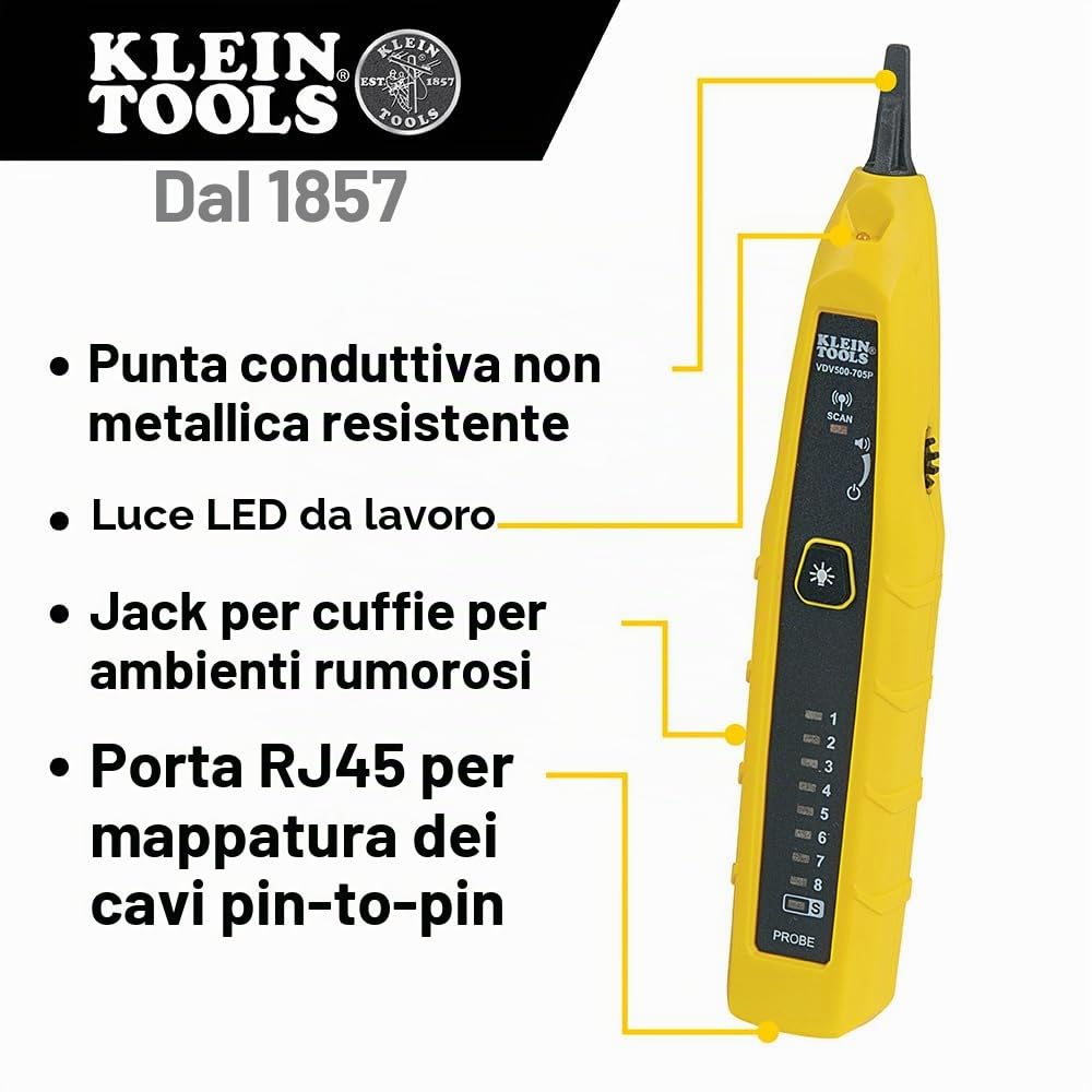 Klein Tools VDV500-705 | Kit Test E Tracciamento Toni E Sonda | Generatore Di Toni E Sonda Inclusi | Cavi RJ45 RJ12 E Pinze | Per Fili Non Attivi