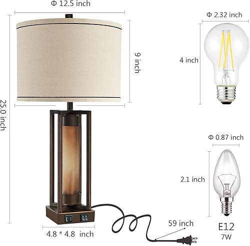 Miniatura 6 de Juego de 2 lámparas de mesa rústicas para sala de estar, con puertos USB C+A, lámpara de mesita de noche vintage de granja con luz nocturna ámbar,
