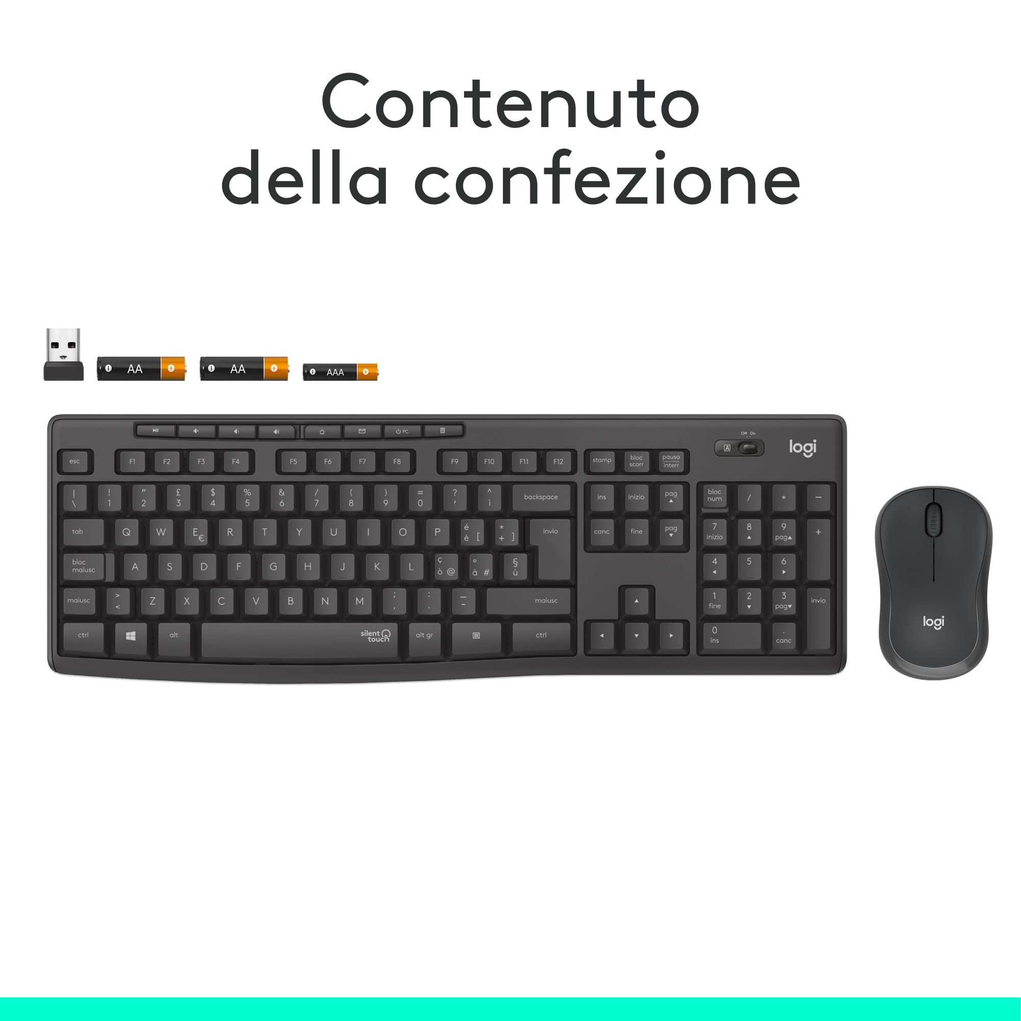 Logitech MK295 Silent Wireless Combo tastiera e mouse, SilentTouch, tastierino numerico, tracciamento ottico, wireless, grigio
