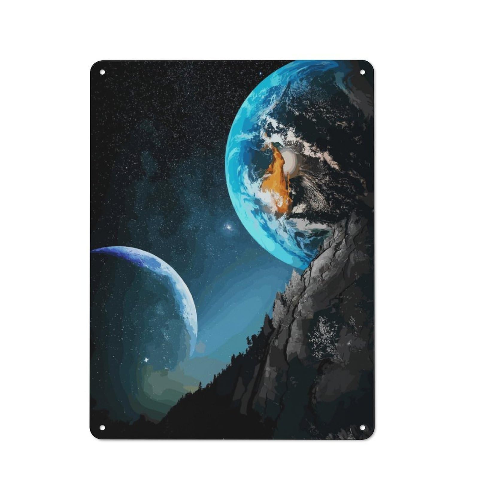Junmoney Moon And Earth Rustic Metal Plaque 40X30cm For Lounge Or Reading Corner, For Home Office, Studio And Craft Room Walls