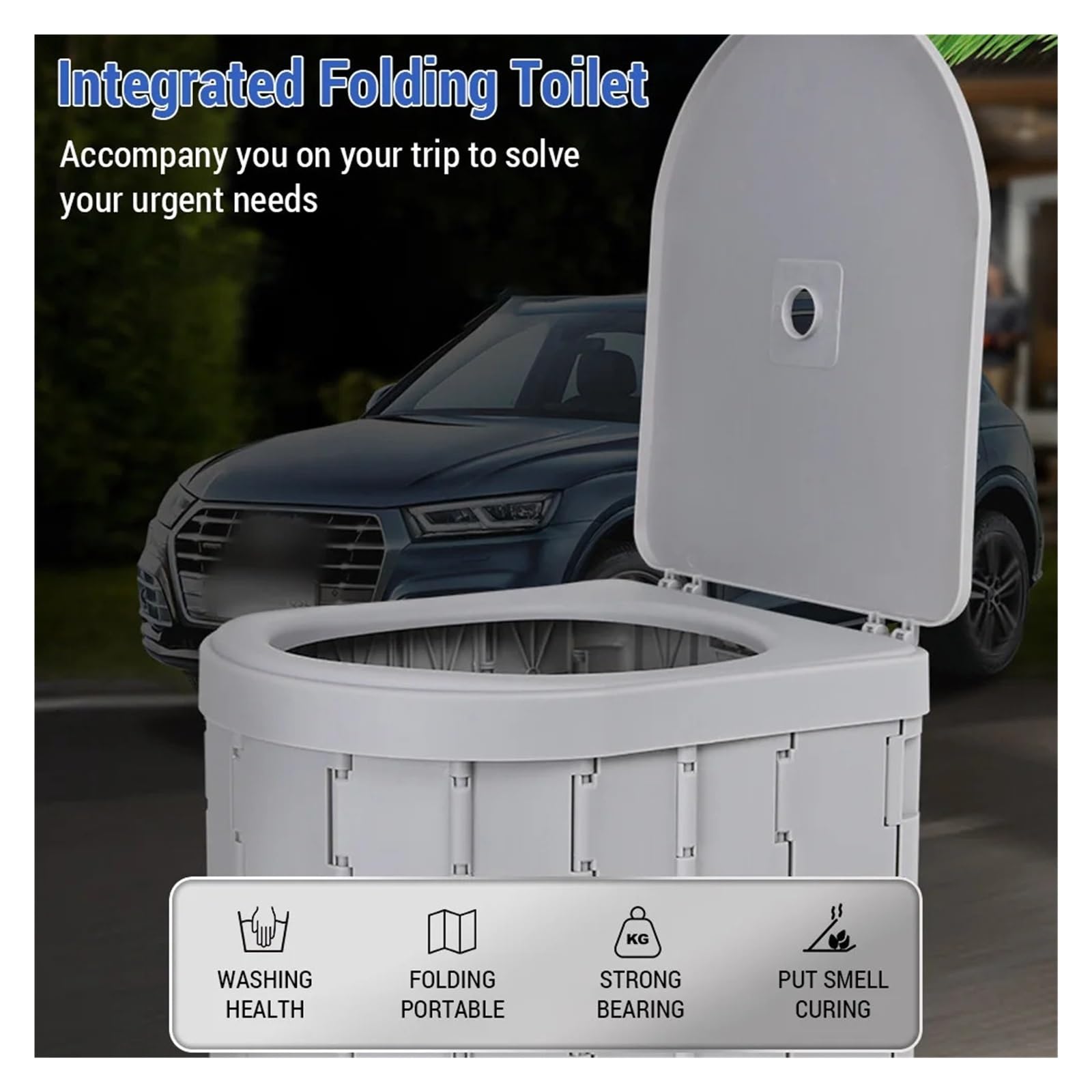 Klapptoilette Outdoor-Toilette for Camping, praktische, am Auto montierte Klapptoilette for Reisen, Erwachsene, Kinder und ältere Menschen, Töpfchen, rutschfest