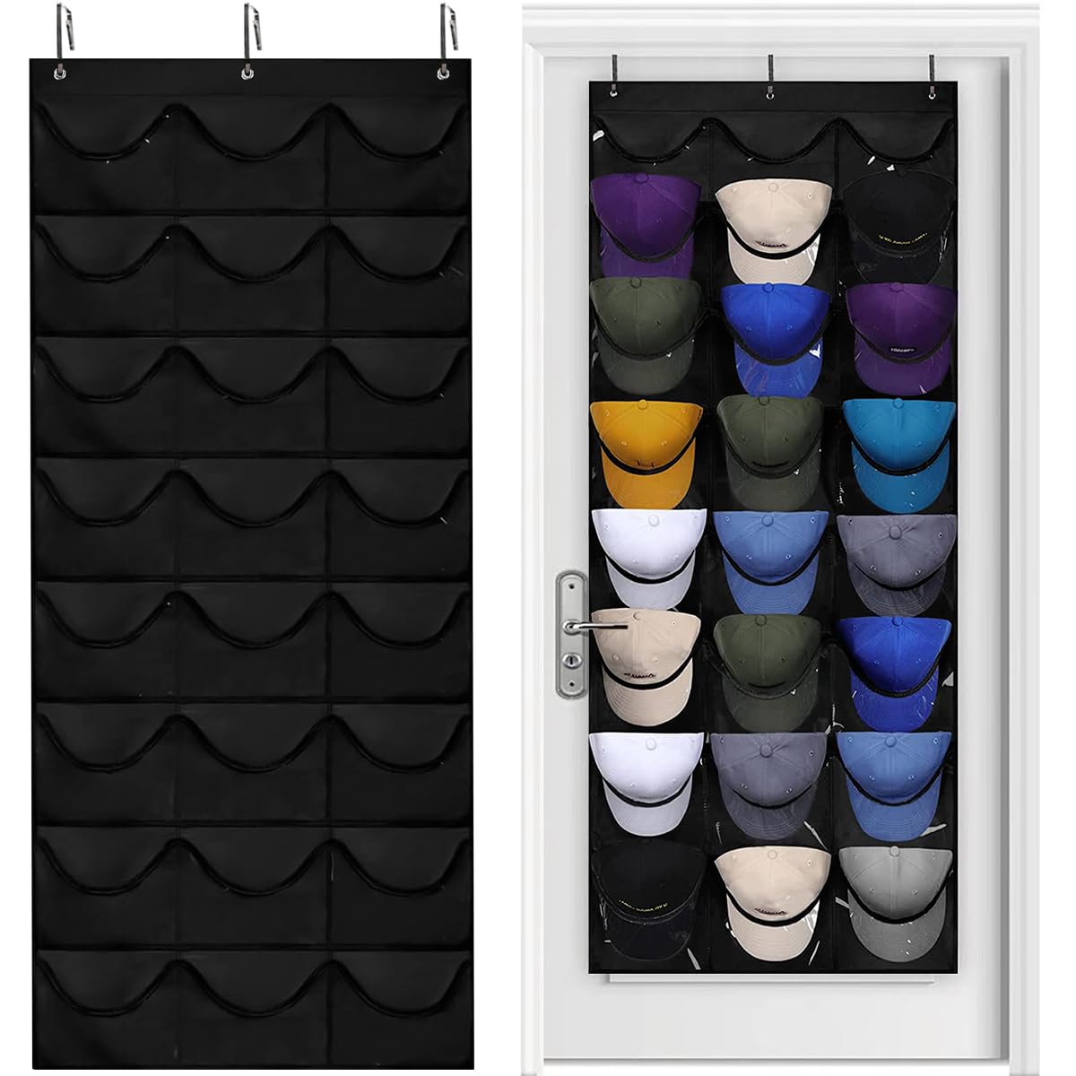 Supporto per cappelli da baseball, porta cappelli, supporto per cappelli da baseball, doppio strato, pieghevole, con 24 tasche, nero