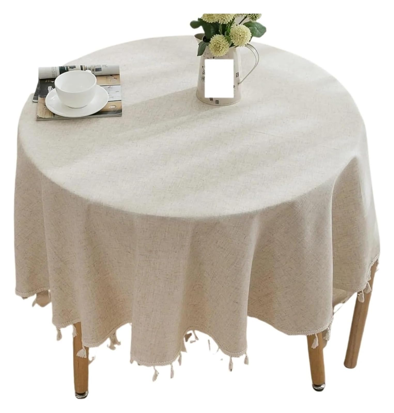 Tablecloth Round Tablecloth Cover Knot Linen Tassel Cotton Beige 90-150cm(90cm)