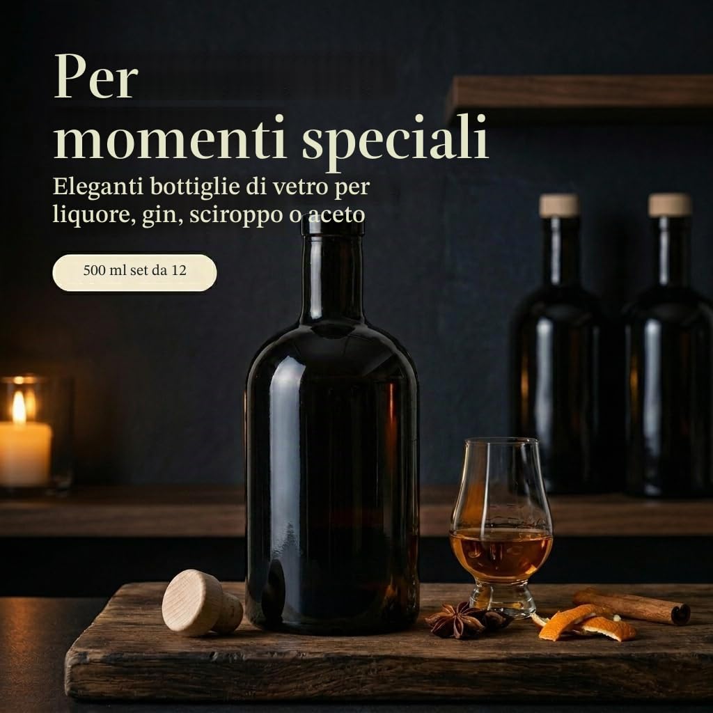gouveo Set 12 bottiglie in vetro 500 ml classiche antiche con tappo in sughero (HGK) - bottiglia vuota 0,5 l in vetro per riempimento - bottiglia in vetro per liquore, gin, olio, aceto (KFA500HGK)