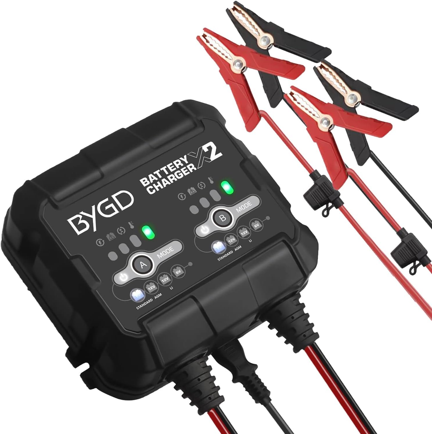 BYGD 4A Autobatterie Ladegerät, 2-Fach KFZ Smart-Batterieladegerät 6V/12V Smart Vollautomatische KFZ Ladegeräte Mit BMS, Gleichzeitiges Laden von Zwei separaten Autobatterien (2A je Bank)