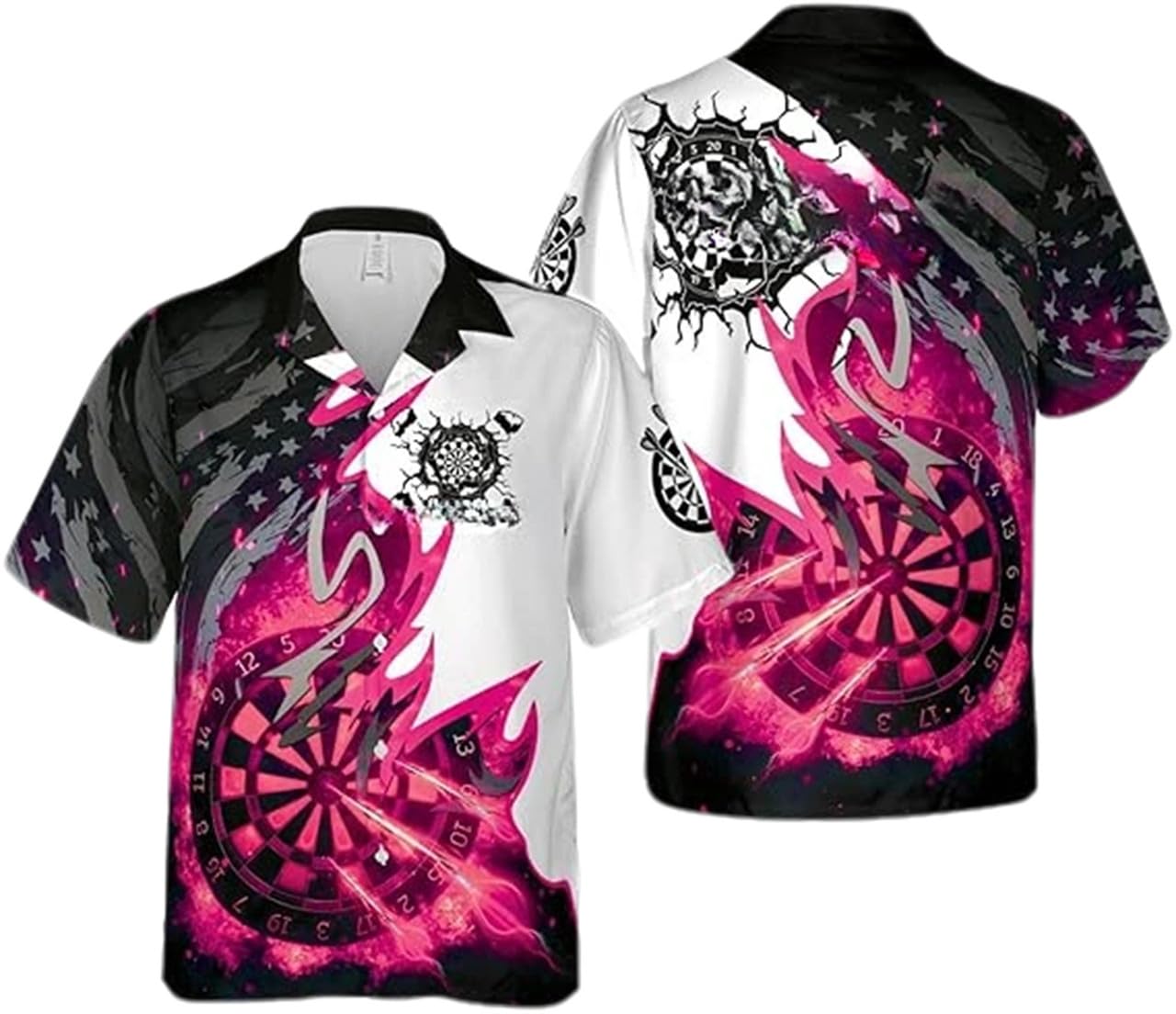 Huazomeehzm Men's # 5 Darts Team Hawaiian Shirt Wo's Flame Dartboard 3D Printed Button Down Dart Shirts For Dart Players And Teams