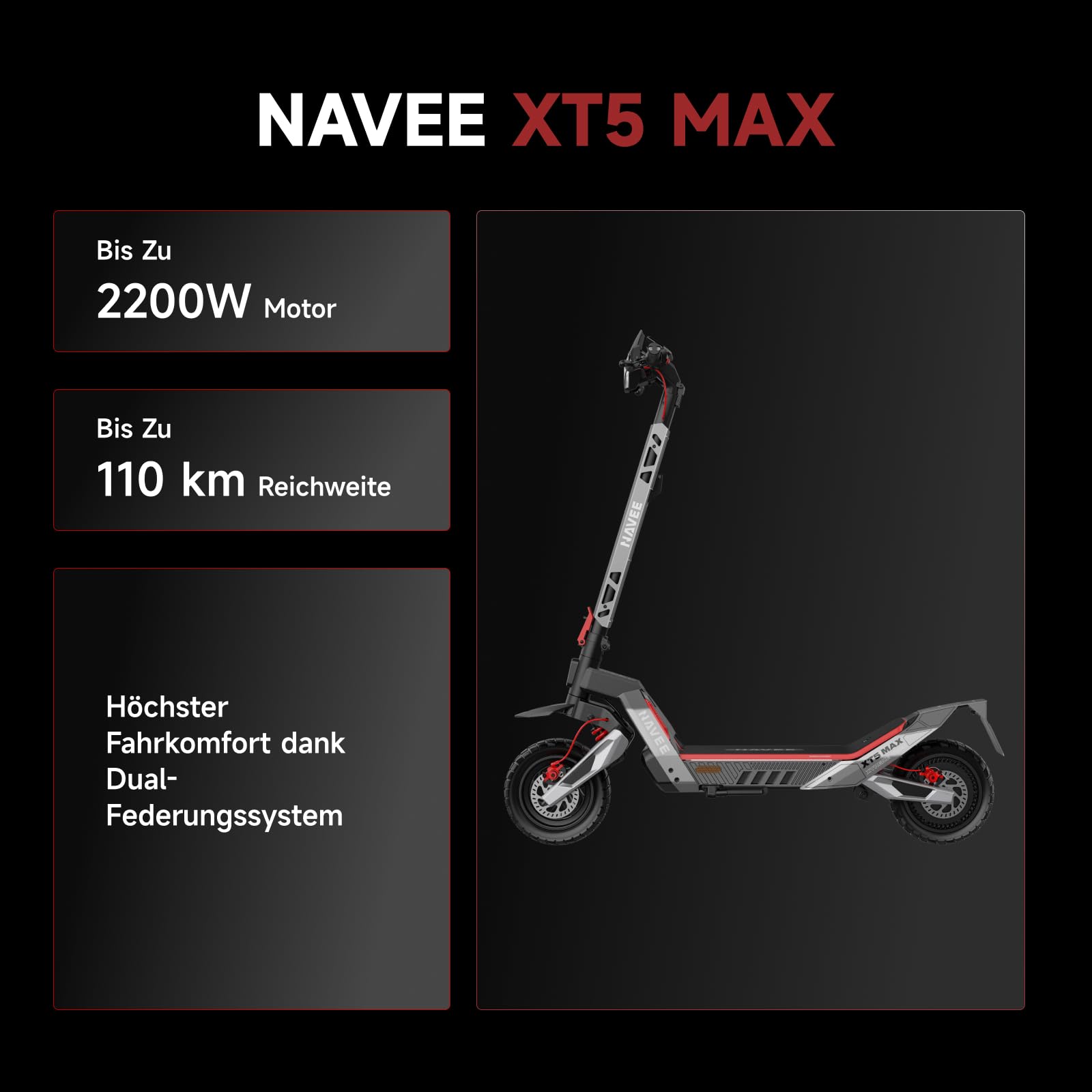 NAVEE XT5 MAX E Scooter mit Straßenzulassung & Blinker, Maximale Reichweite 2200W 110 km & 150 kg Tragkraft, 12 Zoll Offroad Reifen, Doppelaufhängung, Steigungen 32%, Ladezeit 5-6 Stunden