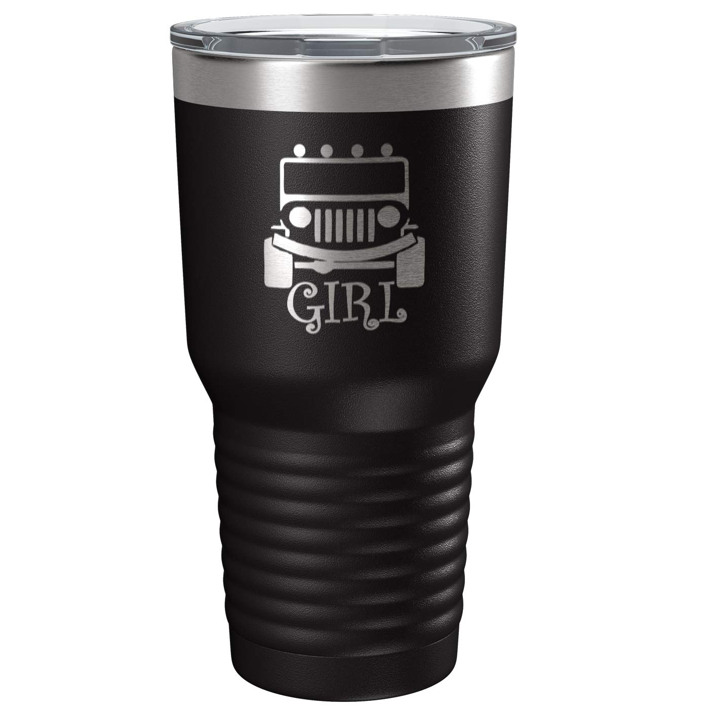 IE LaserwareGirls Jeep Too! Black 30 ounce travel tumbler.