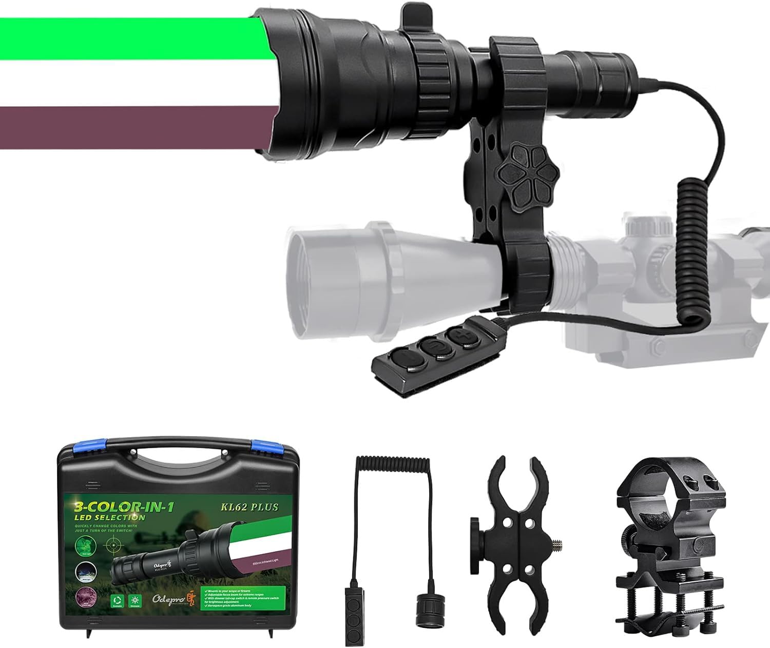 KL62Plus Green White IR850 Zoomable Hunting Light 850nm Long Range IR Illuminator for Night Vision Scope Mount Infrared Flashlight with Stepless Dimming Switch for Hog Coyote Predator Hunting