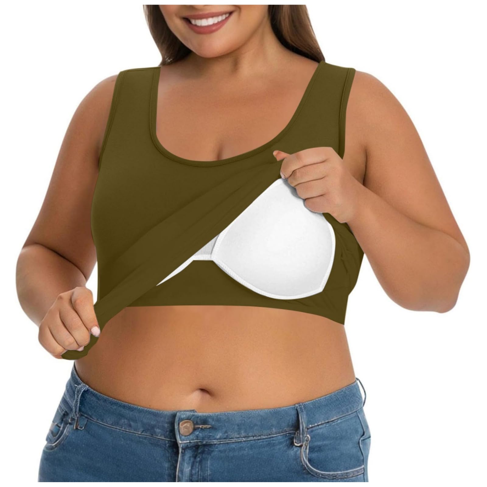 Tank Top Damen BH Hemdchen Ohne Bügel,U Ausschnitt Ärmelloses Shirt Einfarbig Yoga Trägertop,Sommer Oberteil Große Größen Unterhemd mit BH Integriert,Lässige Sporttop Basic Achselshirt für Frauen