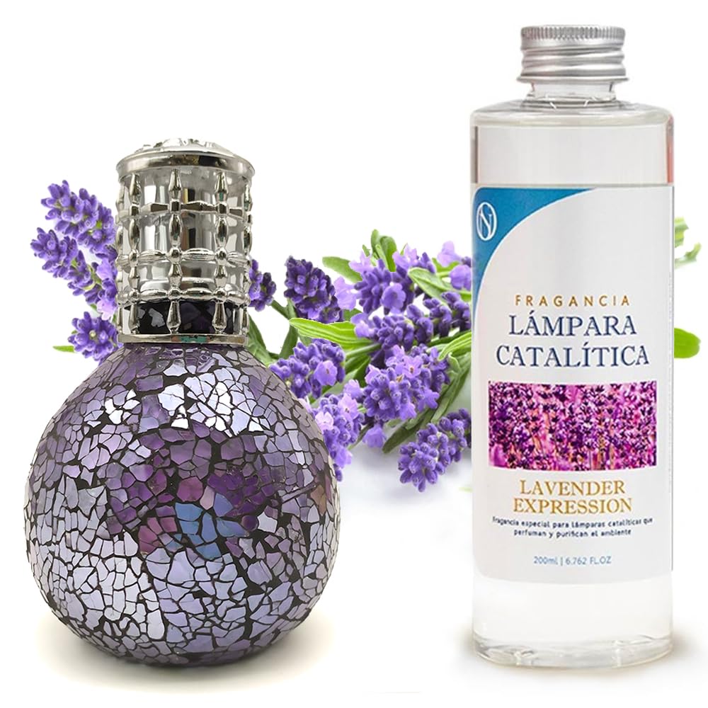 Pack Ahorro Lámpara Catalítica Mosaico Lila + Fragancia Aroma Lavender 200ml. Elimina malos olores e impurezas, perfuma y limpia.