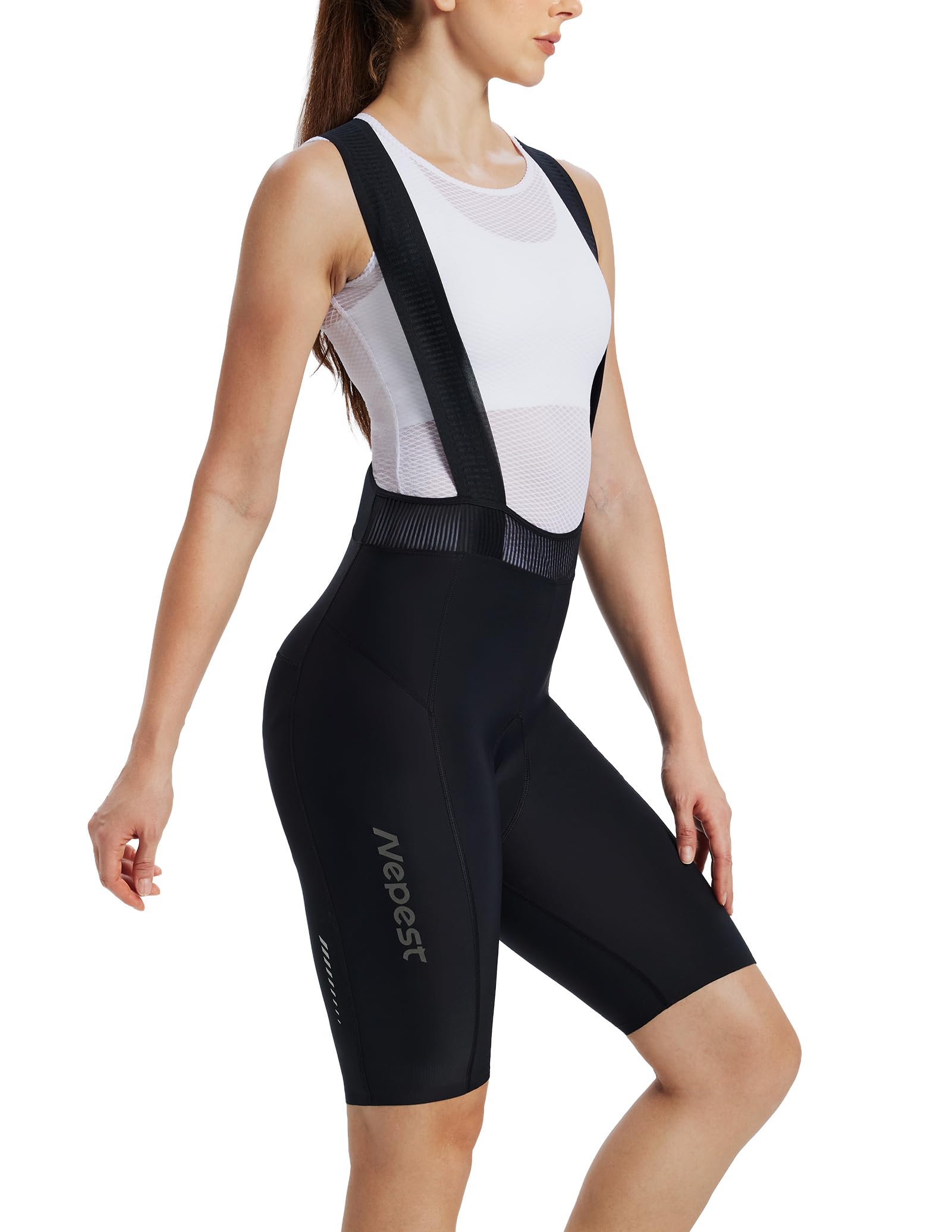 Nepest Damen Fahrrad Trägerhose Kurz 4D Gepolsterte | Atmungsaktives, UPF 50+, 4-Wege-Stretch, Hohe Kompression, Mesh-Trägern, Silikonpunkte am Saum, Leicht, Reflektierenden