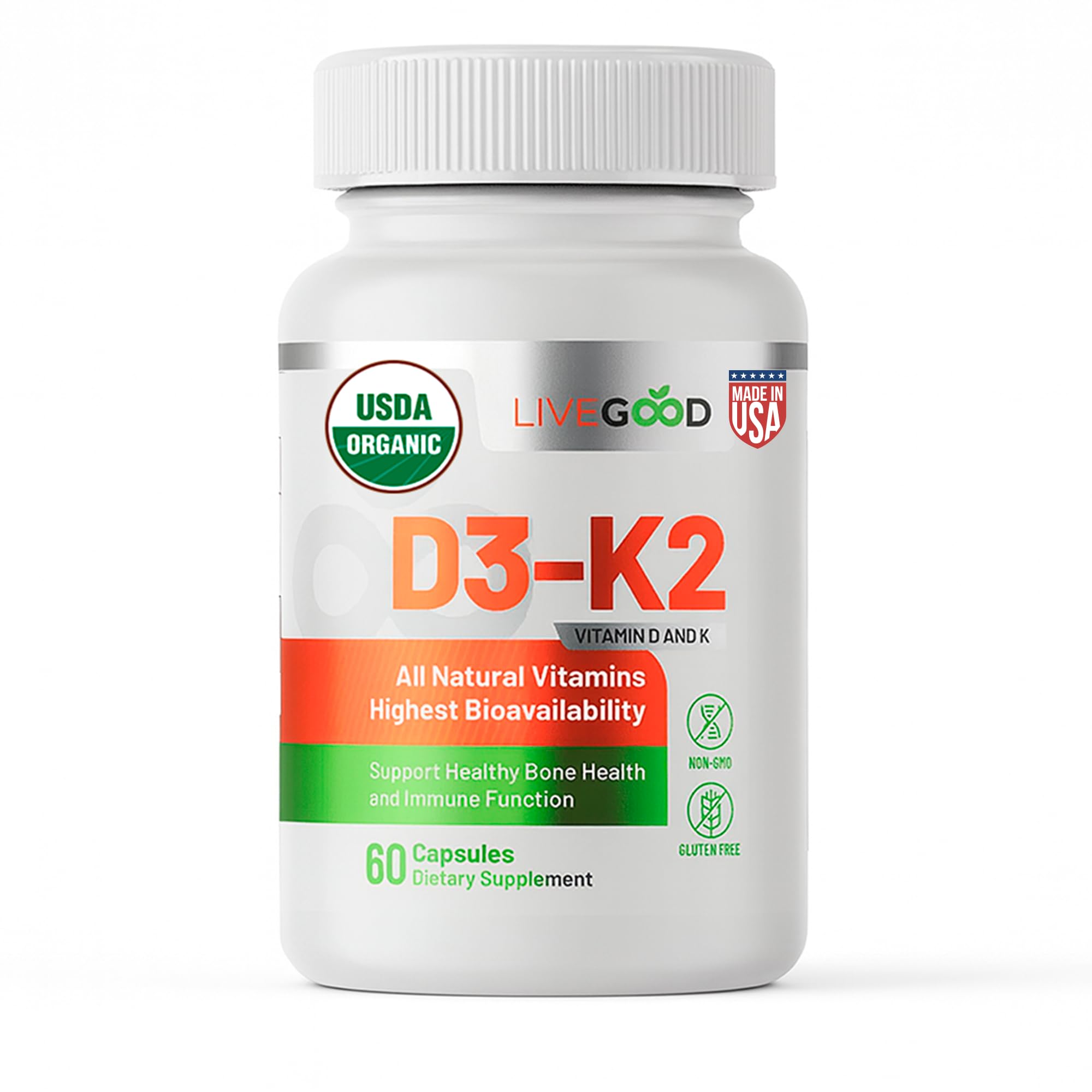 LiveGood Organic D3 K2 Supplement 2000 IU, Vegan Capsules with MK-7, Pure Vitamin D3 with K2 for Immune, Bone and Heart Support, Made in the USA Organic D3 K2 Formula (60 Count)