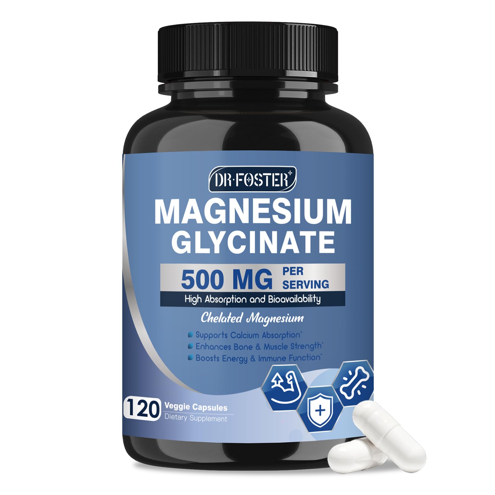 DRFOSTER Chelated Magnesium Glycinate 500mg with Zinc, 120 Veggie Capsules 120 Count (Pack of 1)