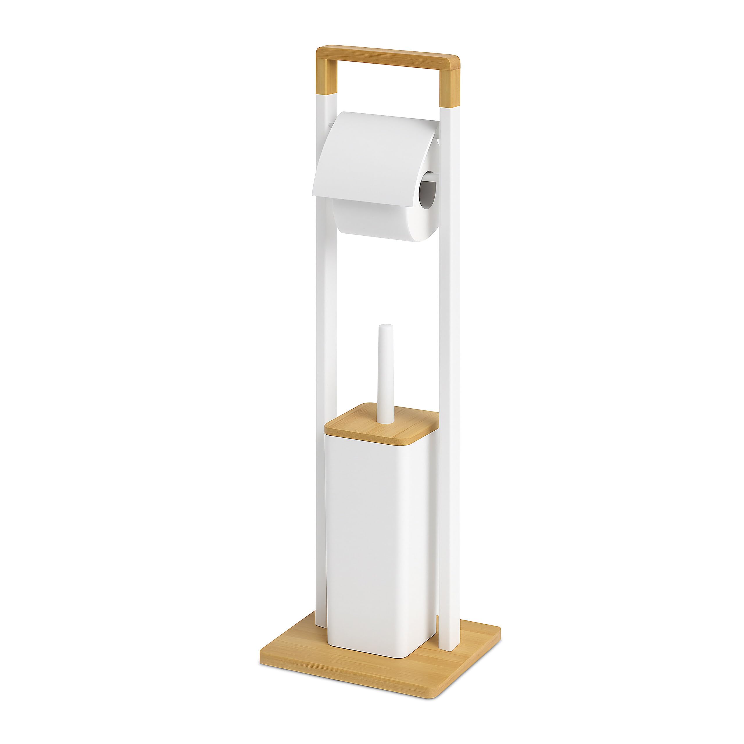 Relaxdays Soporte de Papel higiénico con escobilla de pie de bambú, 76.5 x 28 x 18 cm, Blanco
