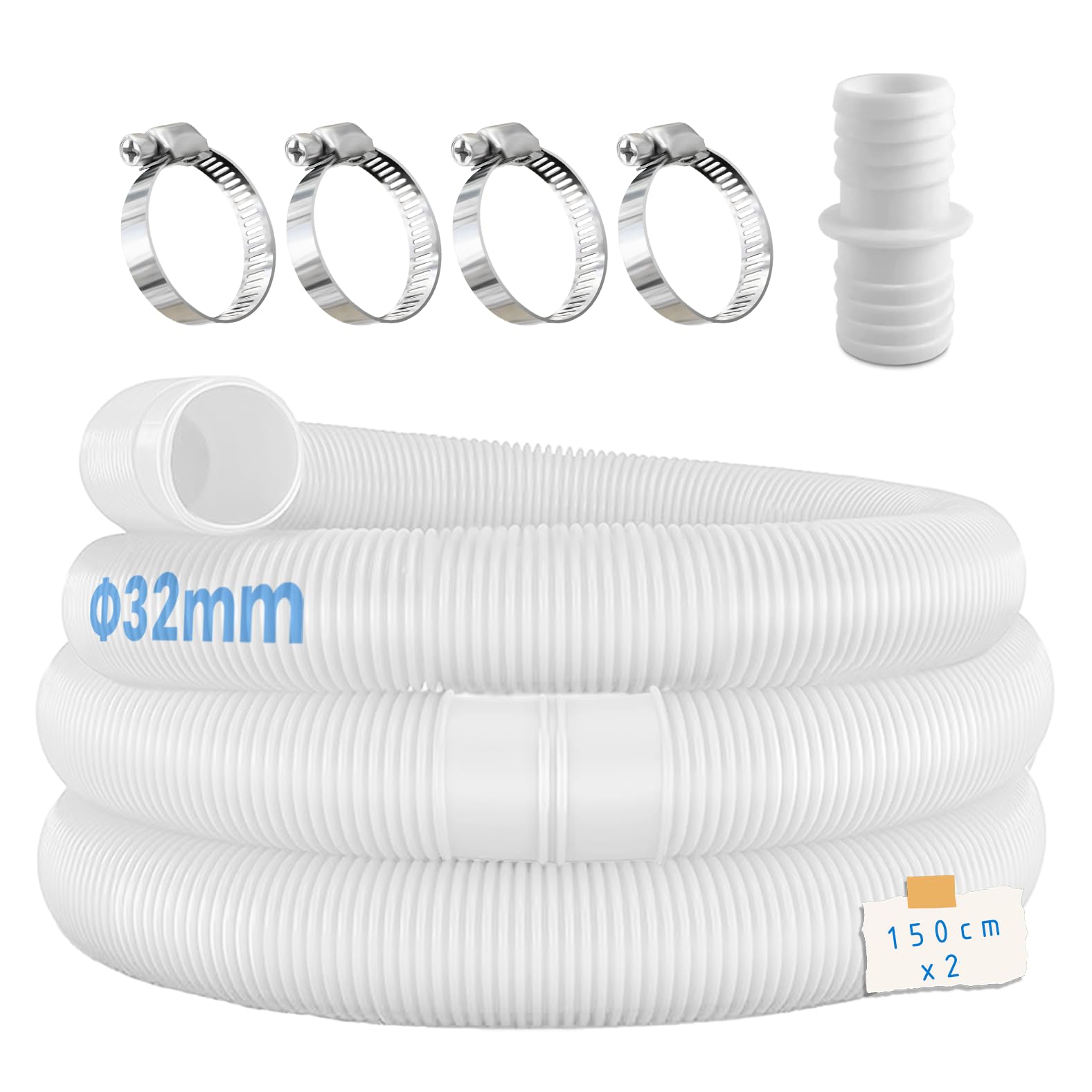 Lot de 2 tuyaux de piscine de 32 mm pour pompes de piscine avec 4 clips de sécurité et 1 raccord de tuyau, idéal pour les pompes de filtre, les nettoyeurs de piscine, les chauffages de piscine et les