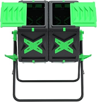 140L Dual Chamber Compost Bin Rotating Composter Tumbler with Easy-Turn, Fast-Working System for Garden, Black&Green