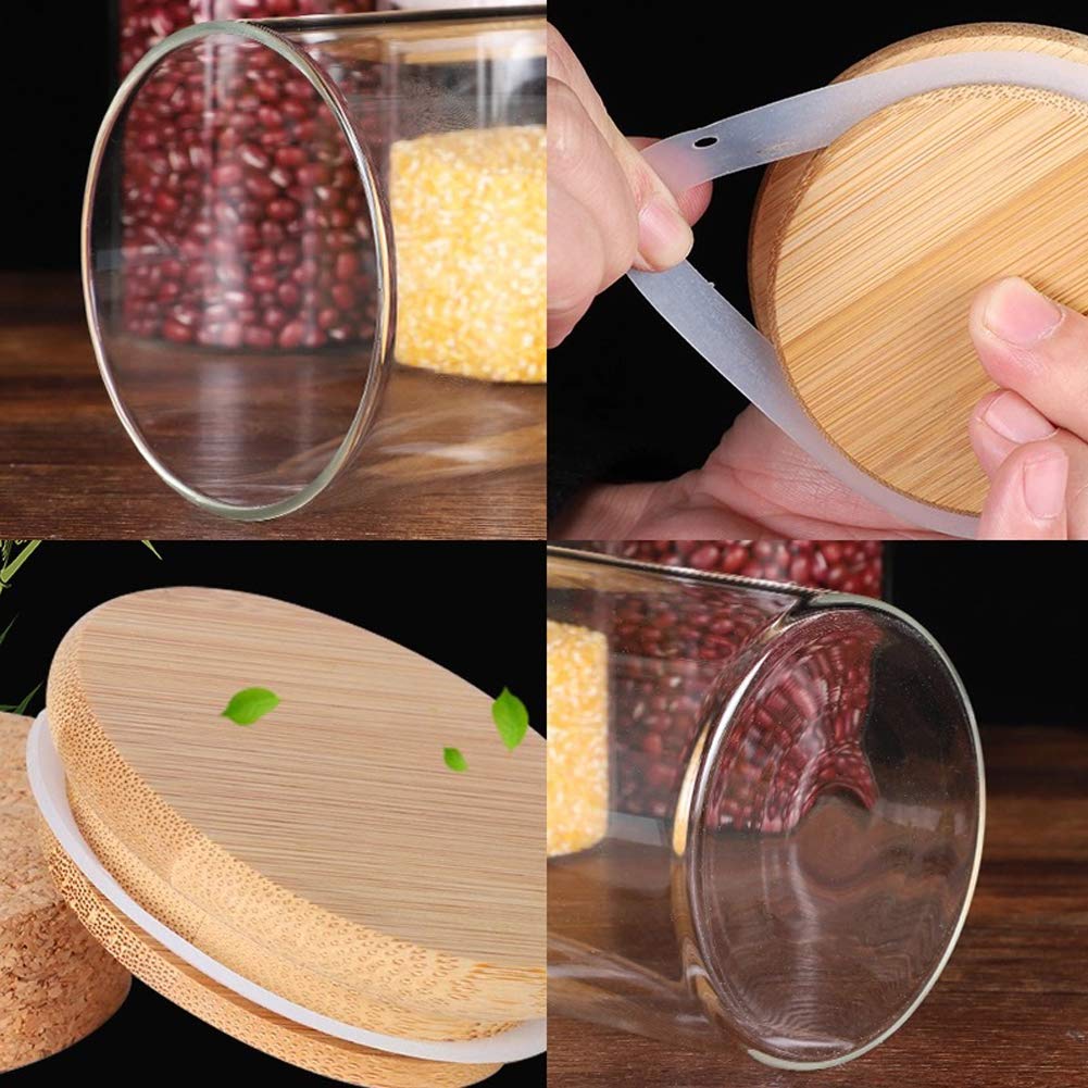 300ml Bocaux Conservation Verre, Lot de 5 Pot de Bocal en Verre avec Couvercle en Bambou et Rondelle en Silicone pour Épices, Haricots, Bonbons