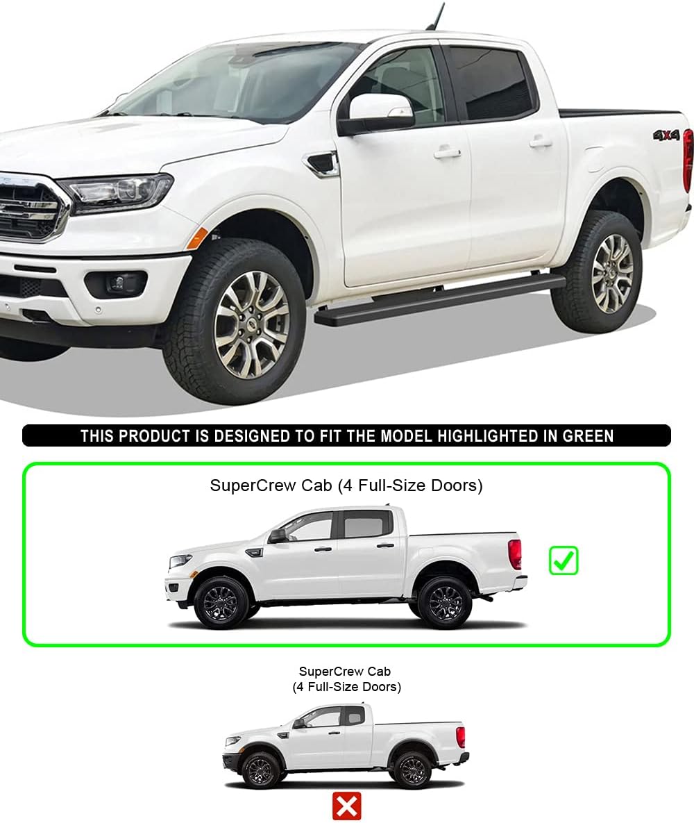 APS (Black 5 inches) Stainless Steel Running Boards Nerf Bars Side Steps Compatible with Ford Ranger 2019-2026 SuperCrew Cab 4-Door