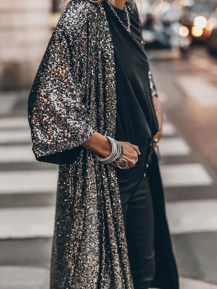Onsoyours Donna Cardigan in Paillettes Lungo Primavera Estivo Elegante Cardigan Leggero Aperto Anteriore Cardigan a Manica 3/4 Casual Giacca Open Front