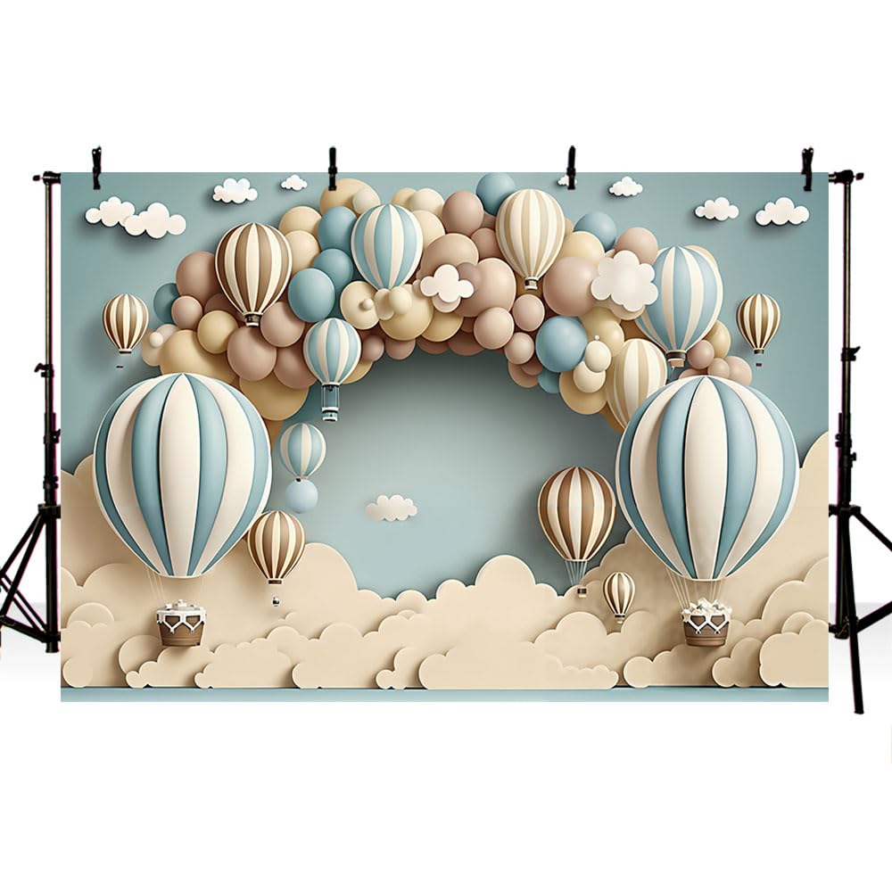 AIBIIN Balon na gorące powietrze tło fotograficzne niebieskie niebo chmury sesja zdjęciowa tło noworodka baby shower ciasto rozbić dekoracja studio rekwizyty 3 x 2 m