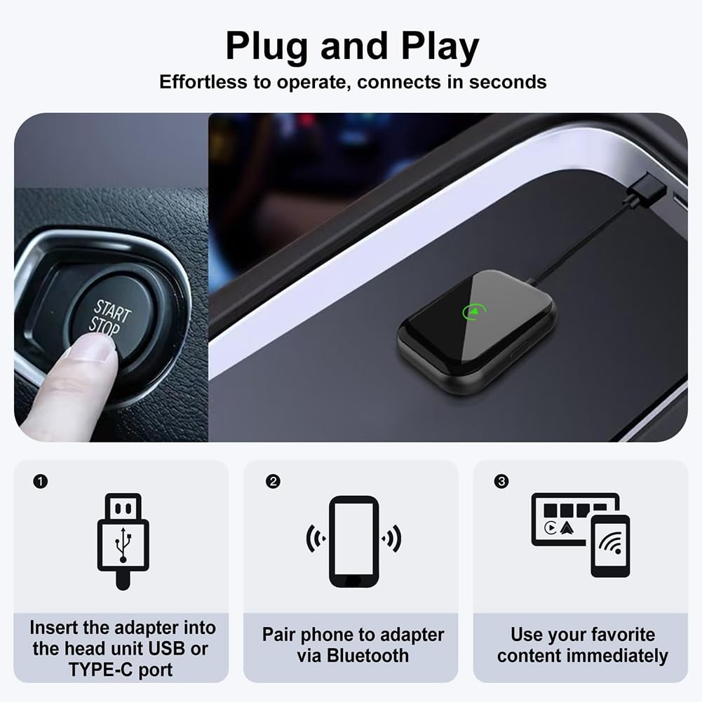 Adaptador Inalámbrico CarPlay y para Android Auto: Solución 2 en 1 Conectar y Usar Que Convierte Sistemas Cableados en Inalámbricos.