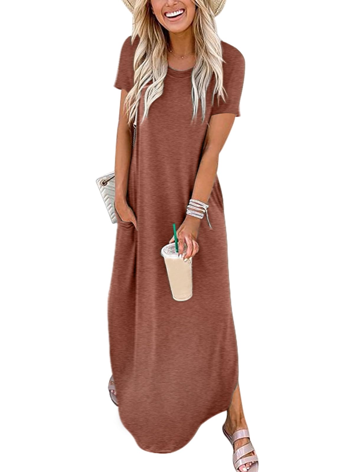 Womens Summer Maxi Dress Short Sleeve Casual Loose Long T Shirt Dresses Split Vacation Beach Sundress Travel Outfits