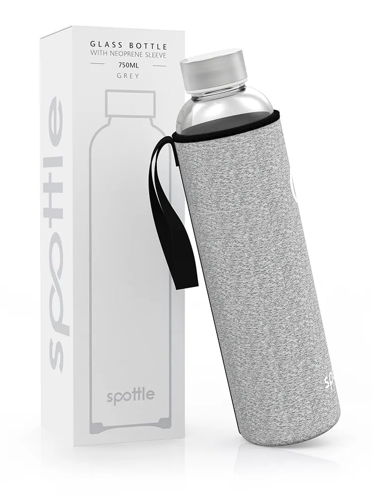 spottle Glass Water Bottle 1 L – Glass Bottle 500 ml – 750 ml – 1 Litre with Neoprene Cover – Protective Cover – Glass Drinking Bottle with Screw Cap