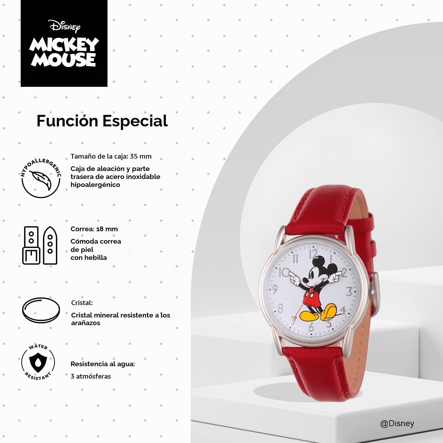 Disney Mickey Mouse - Reloj analógico de cuarzo con correa de piel y manecillas articuladas para adultos