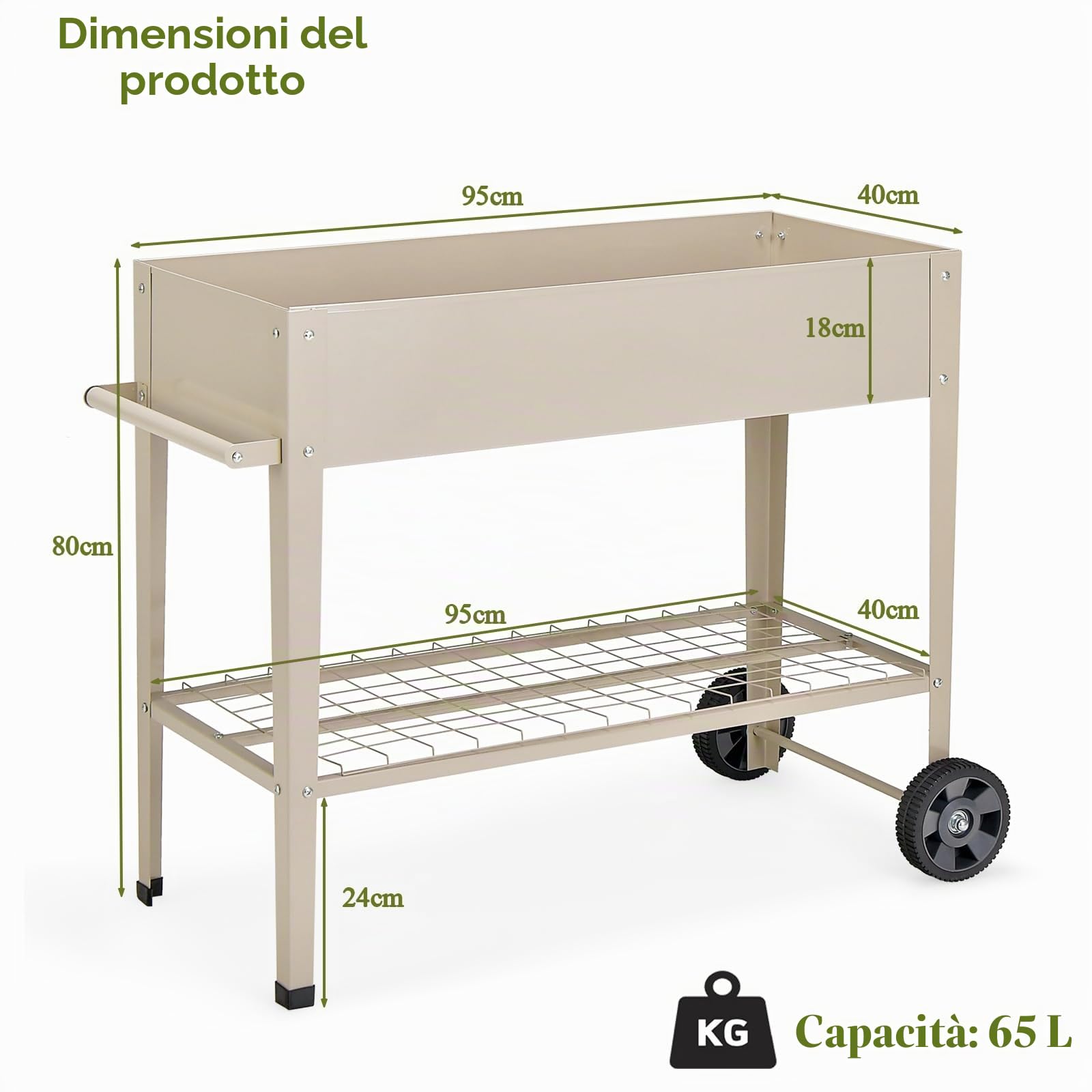 HOMASIS Fioriera Rialzata da Esterno, Aiuola Rialzata in Metallo, Letto per Orto con Mensola in Rete e 2 Ganci, Carrello Alto per Coltivazione con 2 Ruote e Maniglia, 95 x 40 x 80 cm (Beige)